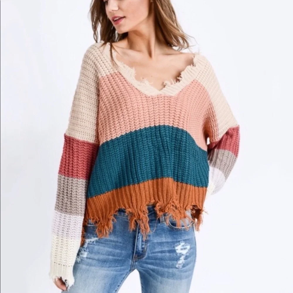 Distressed Color Block Sweater - Picture 2 of 6